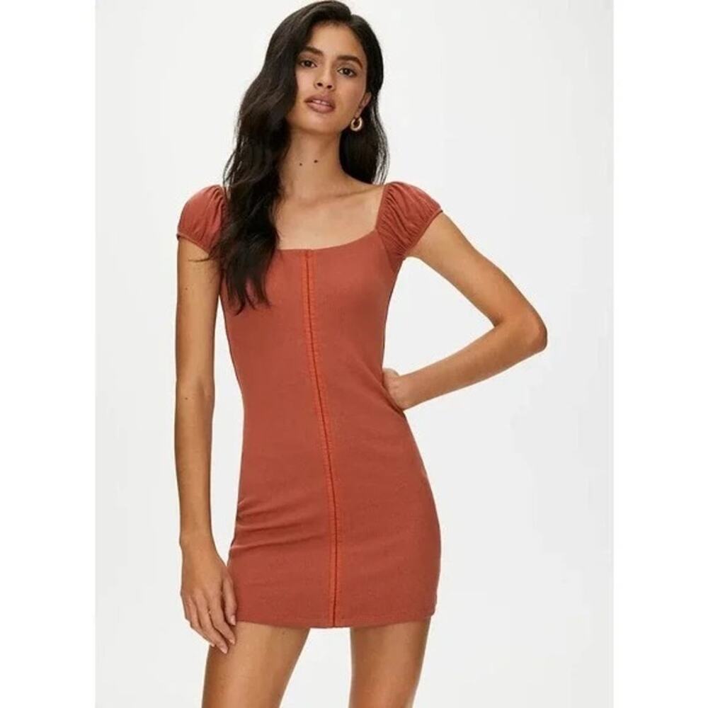 ARITZIA WILFRED FREE Fortune Ribbed Mini Hook-and-Eye Minidress Terracotta Sz L